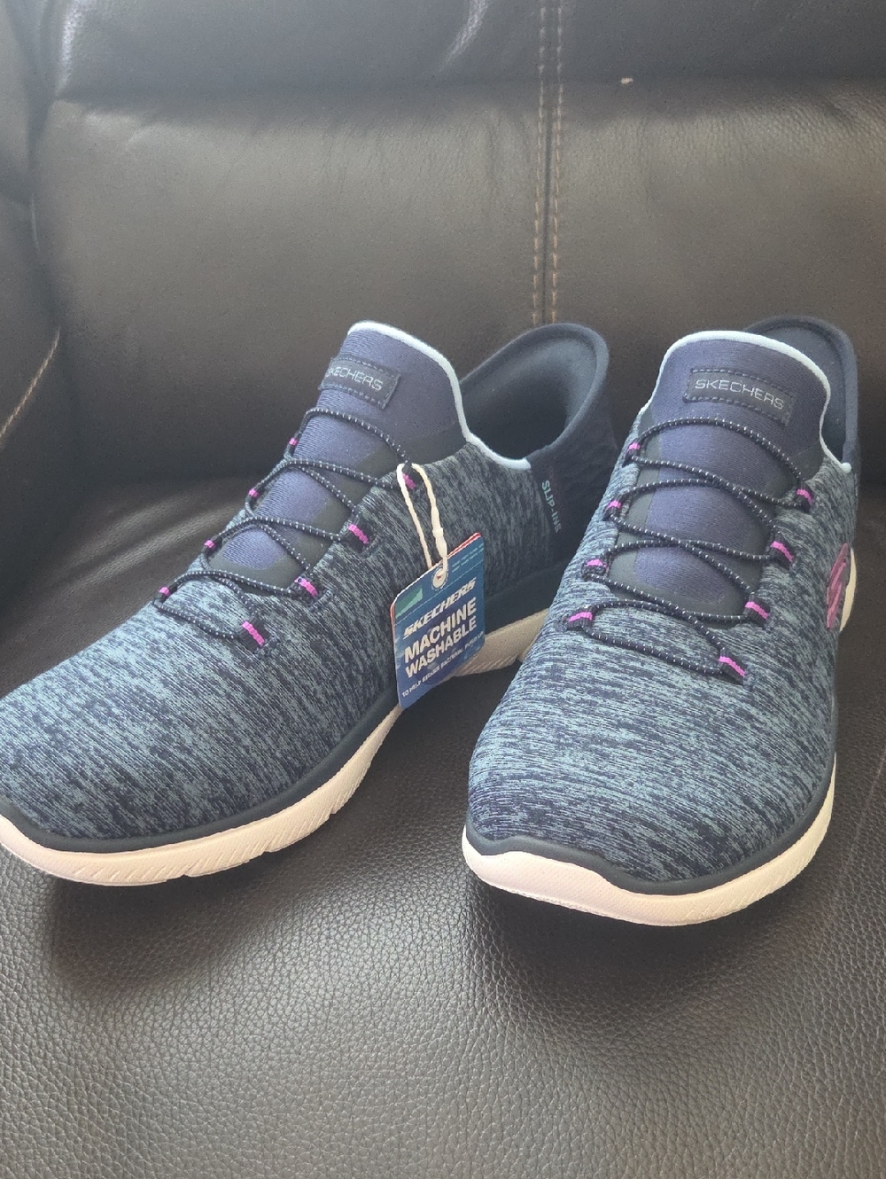 Skechers Heathered Navy Blue Knit Slip-On Sneakers with Pink Accents